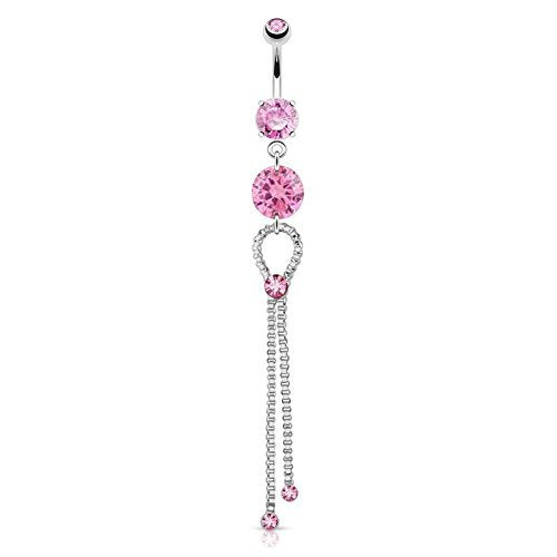 Bauchnabelpiercing aus Edelstahl Chirurgenstahl 316L mit Anhänger Großer Zirkonia farblos pink und hängende Ketten