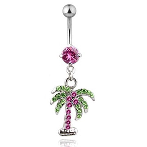 Bauchnabelpiercing aus Edelstahl Chirurgenstahl 316L mit Anhänger Palme aus Zirkonia farblos, pink, Aqua