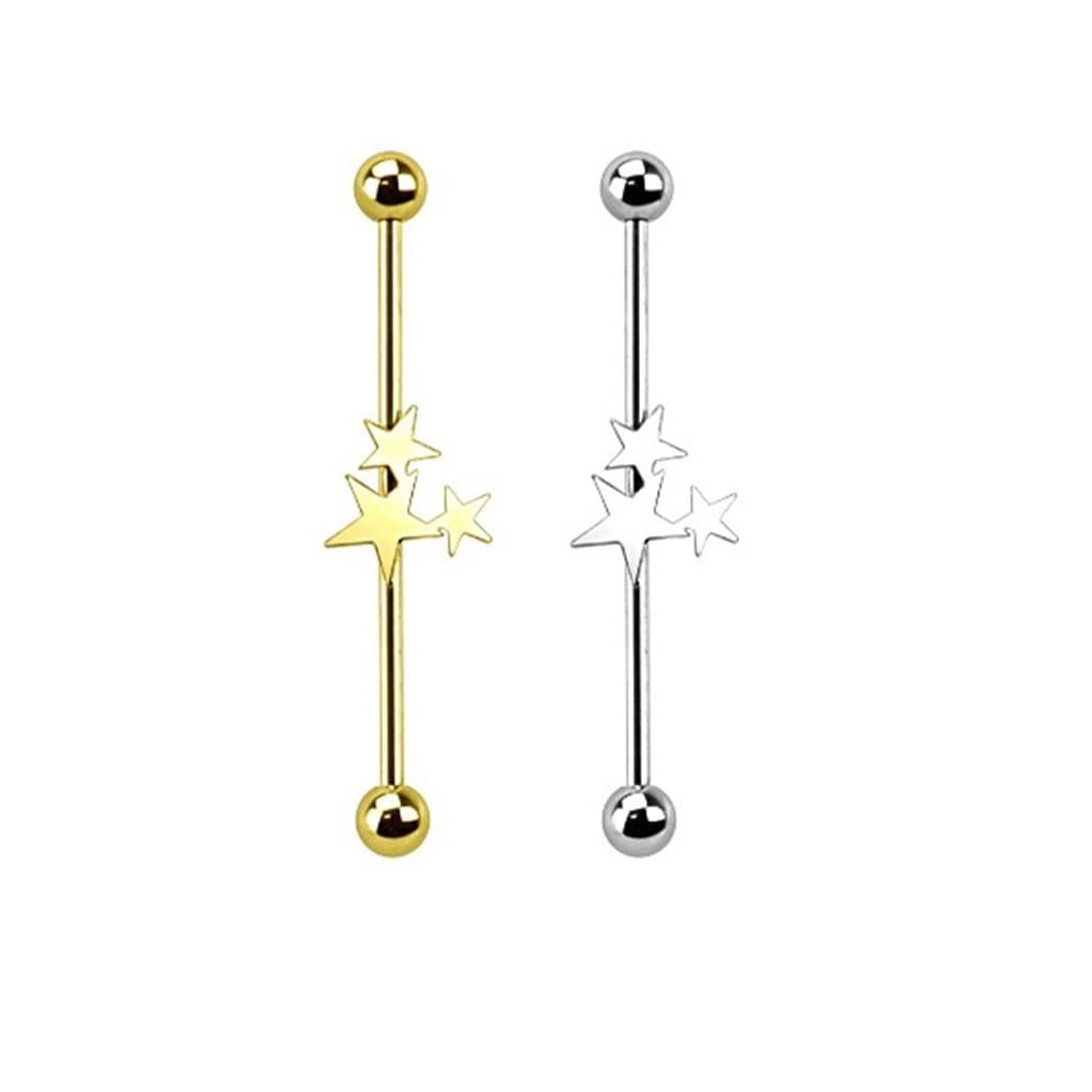 Industrial Ohrpiercing Stab Sterne Chirurgenstahl 38mm Stablänge 1.6mm Stabdicke Gold Silber Set Barbell Piercings SternRegen