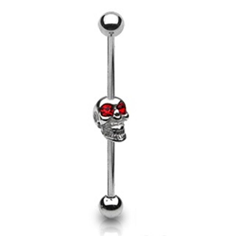 Industrial Ohrpiercing Stab Toten-Kopf Schädel Chirurgenstahl 38mm Stablänge 1.6 mm Stabdicke Silber Rot Schwarz Zirkonia Barbell Bar