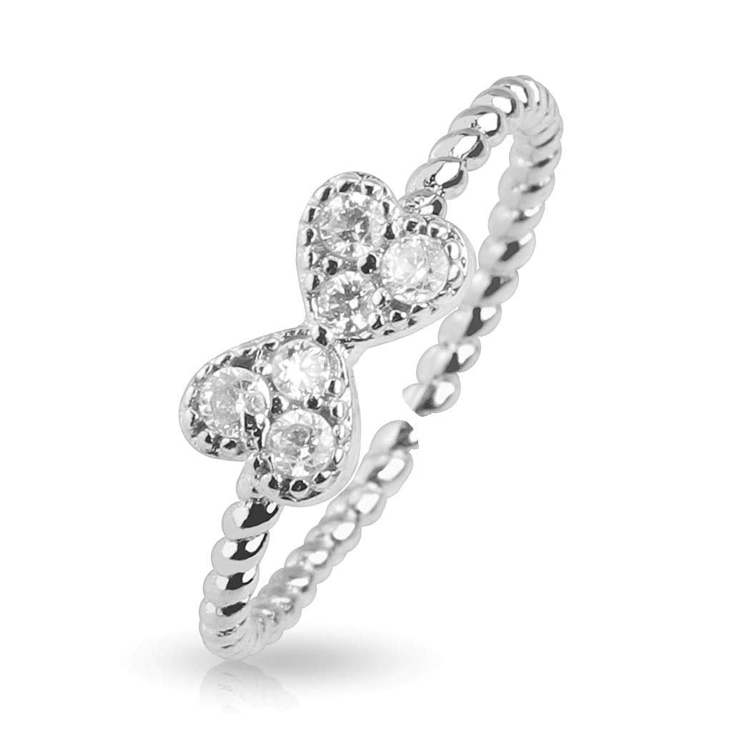Ring Damen Verstellbar Schleife Zirkonia Klar Silber 316L Chirurgenstahl Zehenring Mittelring Partnerring Offen Einstellbarer-Ring