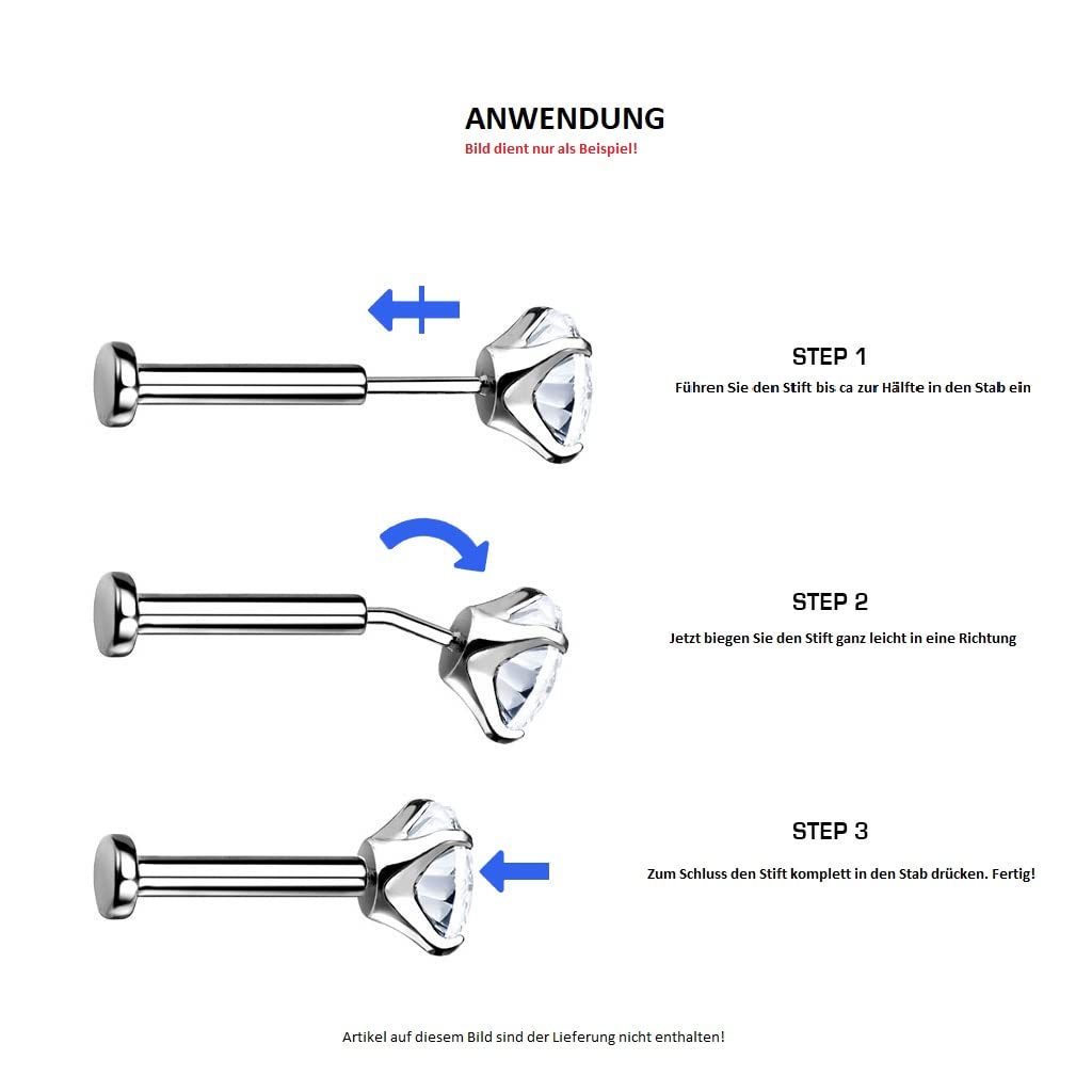 Push-In Aufsatz Kugel Silber Titan Grade 23 Piercing 2mm 3mm 4mm 5mm Kugelgröße Ohrstecker Labret Stud Nipple Straight Barbell