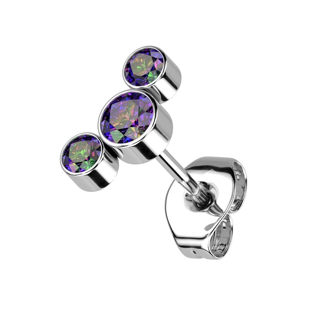 Push-In Ohrstecker 3 Kristalle Halbmond Titan Grade 23 9,24mm Lang Butterflyverschluss Gewindelos Kombinierbar Threadless