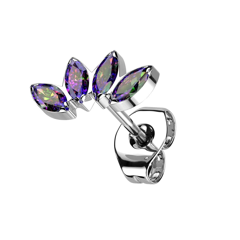 Push-In Ohrstecker Blüte Zirkonia Titan Grade 23 10,9mm Lang Butterflyverschluss Ohrring Gewindelos Kombinierbar Threadless Press-Fit