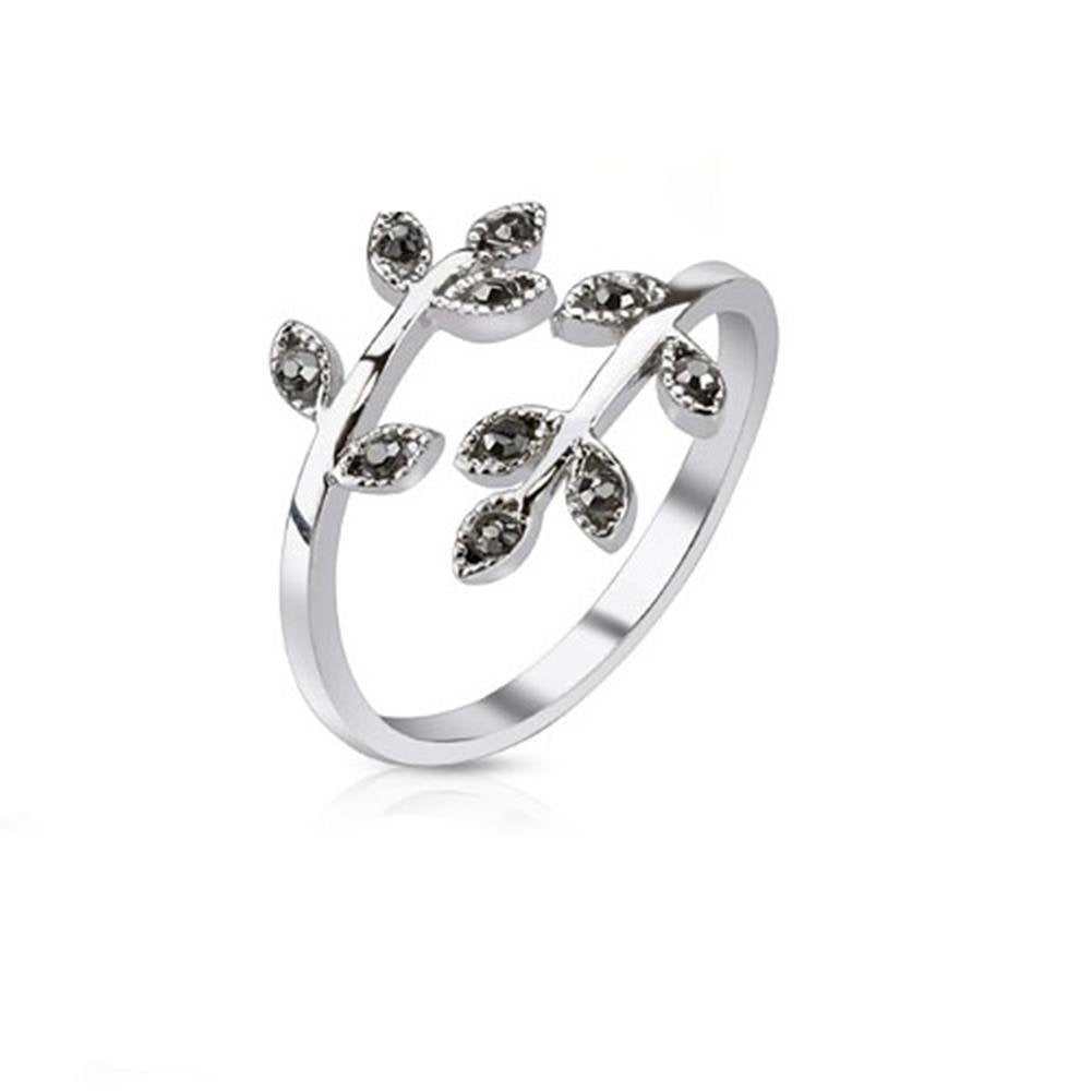 Paula & Fritz® Verstellbarer Damen-Ring Verlobungs-Ring Freundschaftsring Herrenring Partnerring Edelstahl Chirurgenstahl 316L Blättern Zirkonia Farblos Schwarz