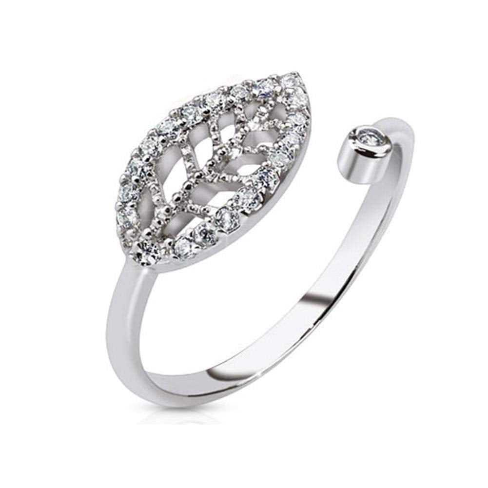 Ring Damen Verstellbar Blatt Silber Zirkonia Klar 316L Chirurgenstahl Zehenring Mittelring Partnerring Einstellbarer-Ring Damenring