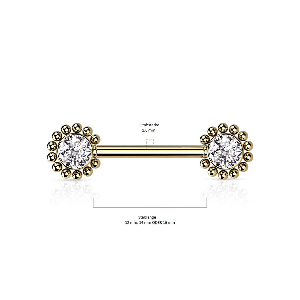Push-In Piercing Brustwarze Zirkonia Chirurgenstahl 316L Kugel Set 12 14 16 Stablänge Nipple Gewindelos Straight Barbell Bridge