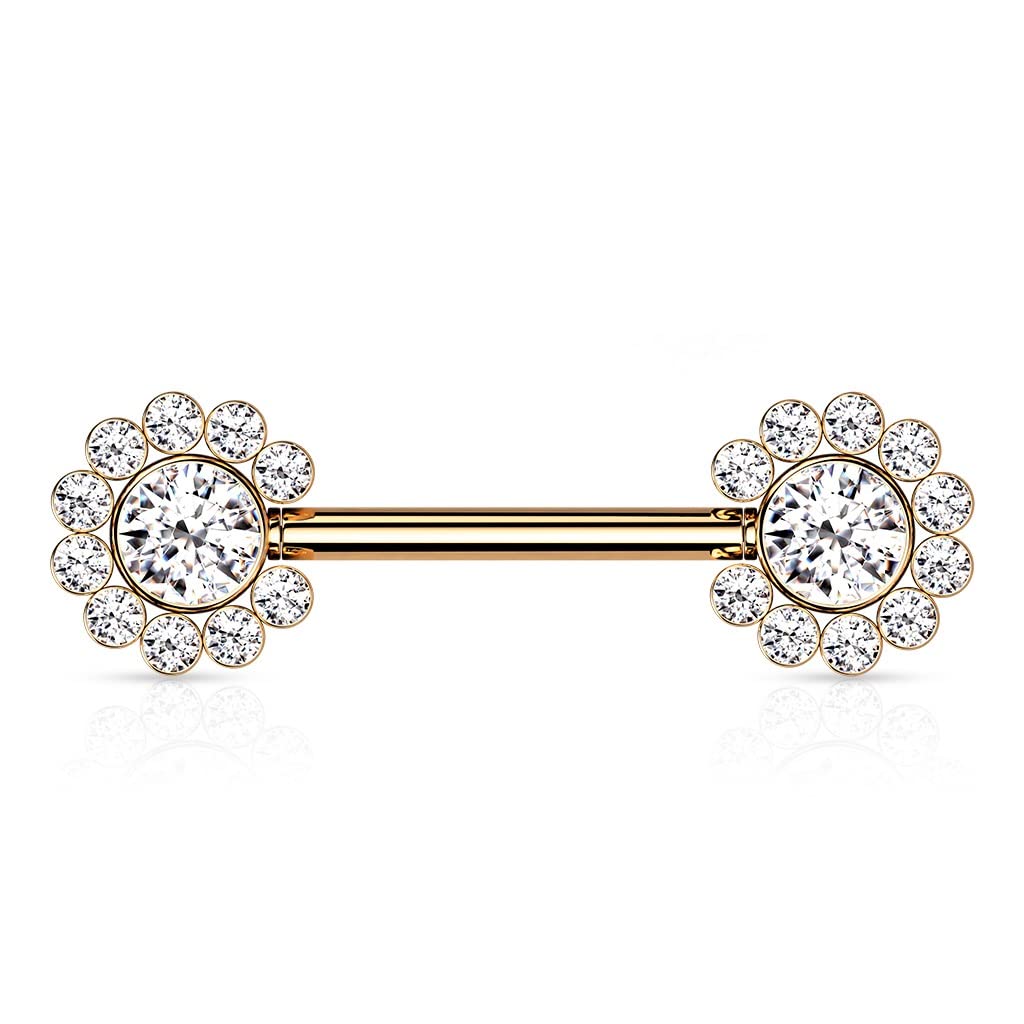 Paula & Fritz® Push-In Piercing Brustwarze Blume Mehrfarbig Zirkonia Chirurgenstahl 316L Kugel 1,6-mm Stab-Dicke Nipple Gewindelos Straight Barbell