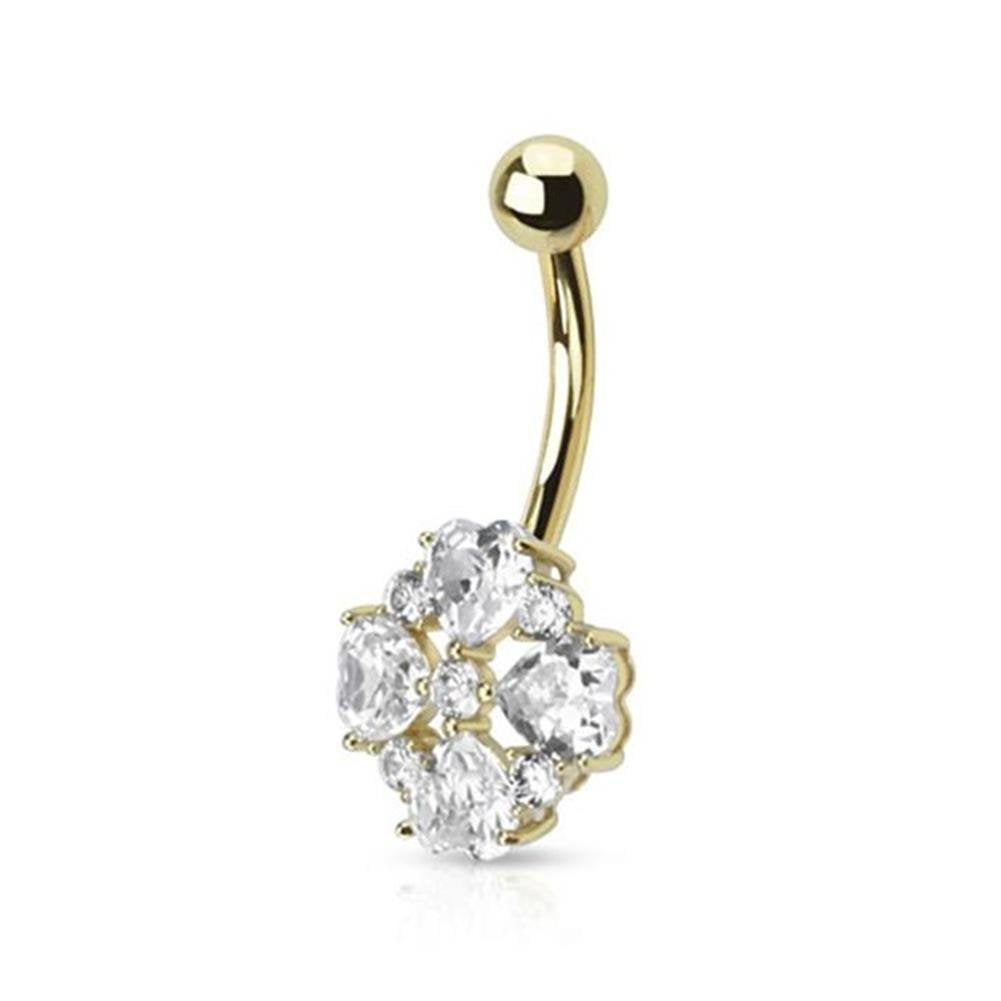 Bauchnabelpiercing ECHTGOLD 14 Karat Gelbgold Weißgold Bananabell Bauchpiercing Blume Herzen Zirkonia Clear