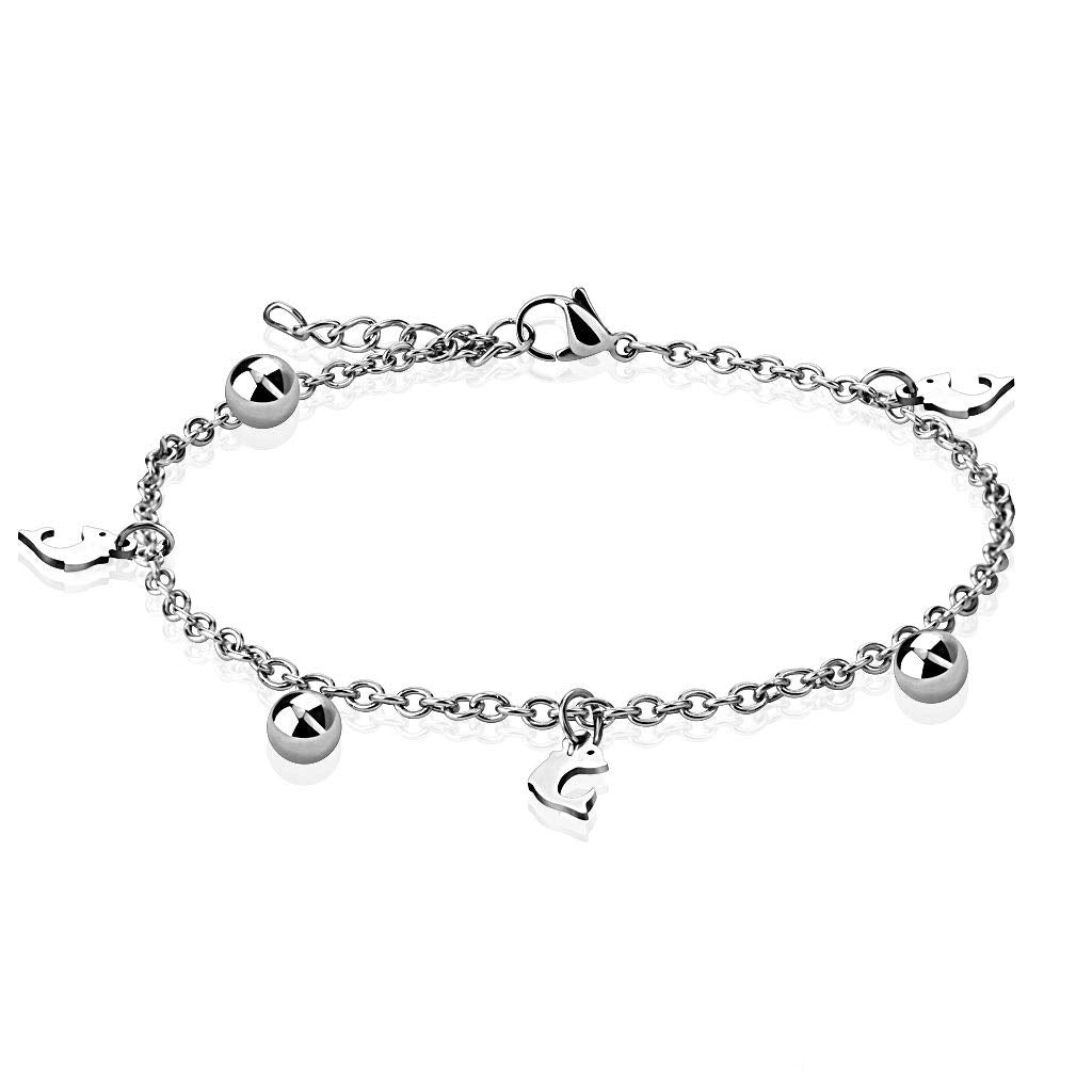 Armband Damen Silber Delphin Kugel Charm Anh?nger 316L Chirurgenstahl 235-mm Bettelarmband Armkettchen Armschmuck Fu?kette Fu?kettchen Kugel