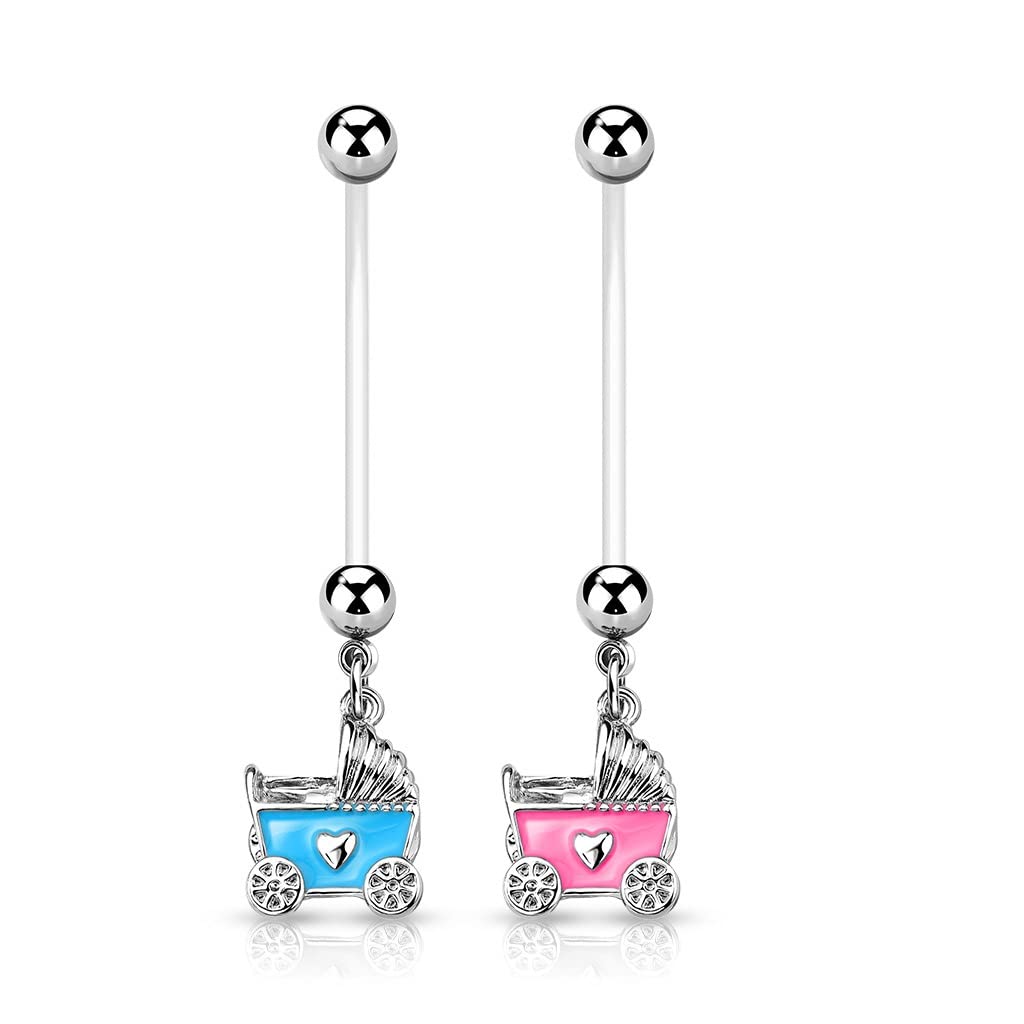 Schwangerschaftspiercing Bauchnabelpiercing Kinder-Wagen Bio Flexibler Stab Bauchpiercing Set Pink Blau Nabelpiercing Boy Girl