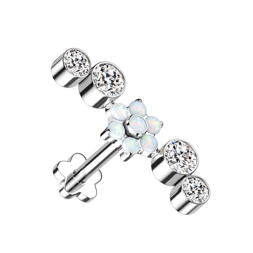 Push-In Labret Piercing Blume Opal Zirkonia Titan Grade 23 Kugel Piercing Set 1,2mm Stabdicke Blütensockel Madonna Medusa Monroe