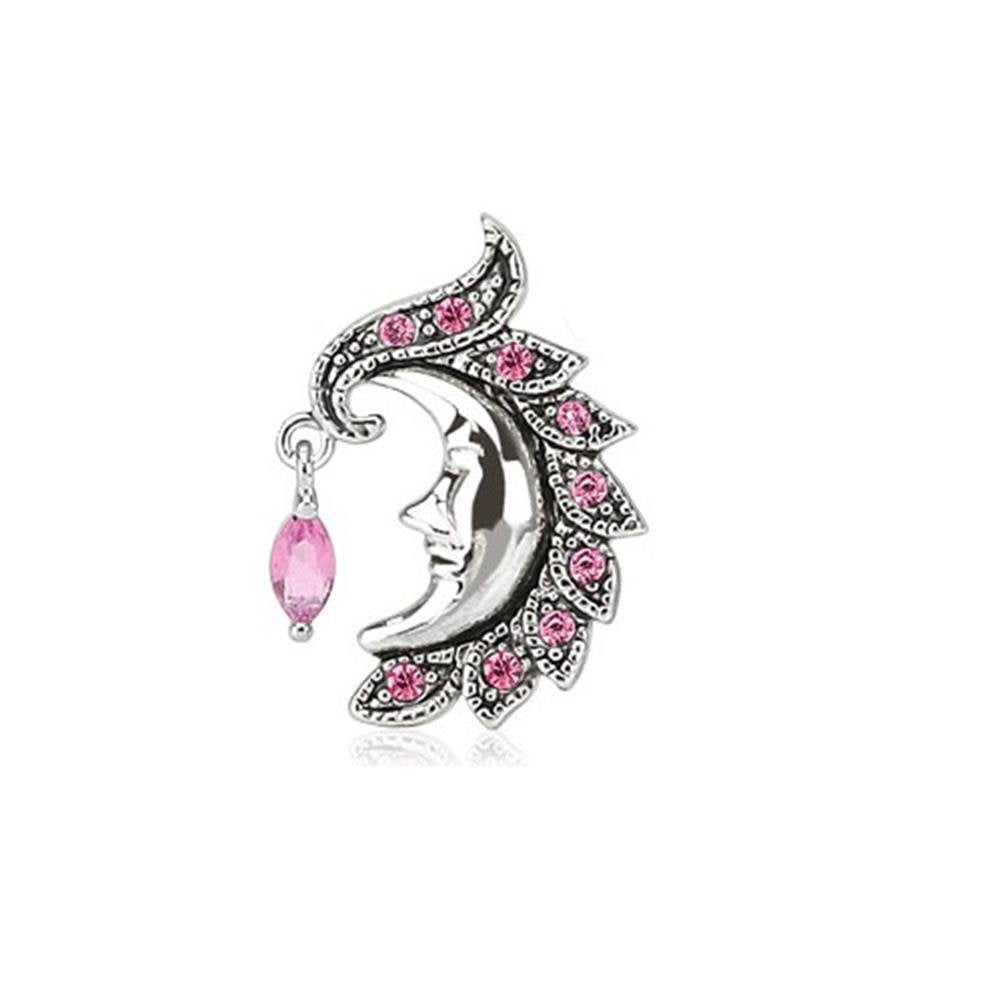 Bauchnabelpiercing aus Edelstahl Chirurgenstahl 316L Halbmond mit Gesicht einseitig mit Zirkonia bedeckt und EIN hängender Zirkonia farblos Aqua pink