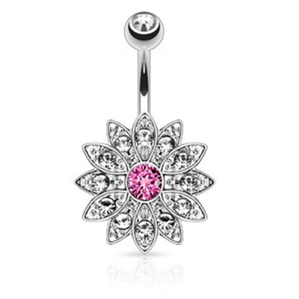 Bauchnabelpiercing aus Edelstahl Chirurgenstahl 316L mit Anhänger mehrfach besetztes Blatt Zirkonia farblos pink farblos Aurora Borealis
