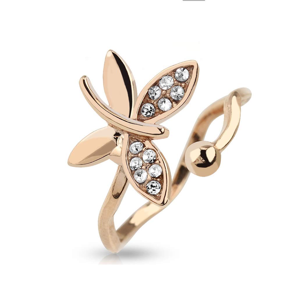 Ring Damen Verstellbar Schmetterling Rose-Gold Zirkonia Klar 316L Chirurgenstahl Zehenring Mittelring Offen Einstellbarer-Ring