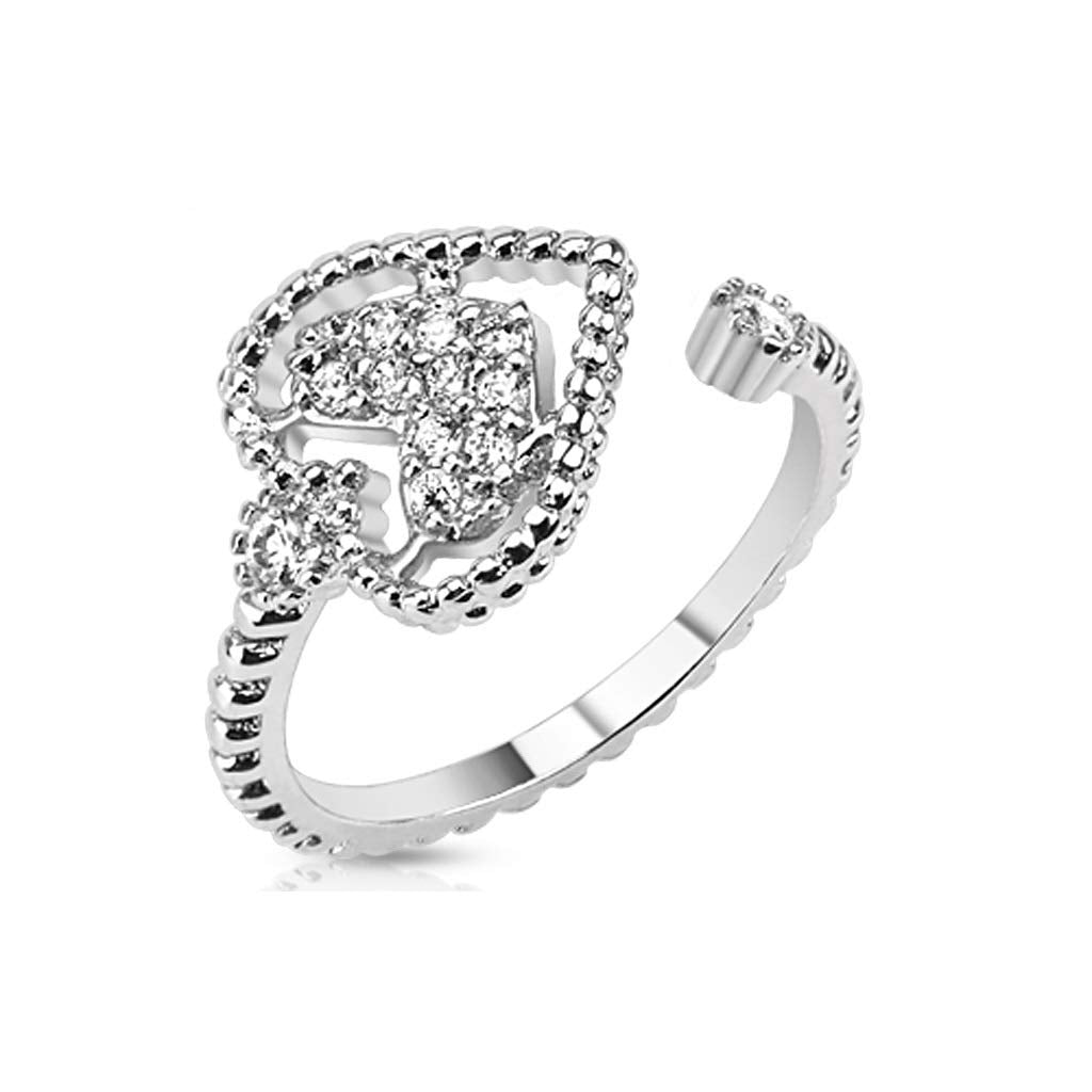 Ring Damen Verstellbar Herz Silber Zirkonia Klar 316L Chirurgenstahl Zehenring Mittelring Partnerring Einstellbarer-Ring Damenring