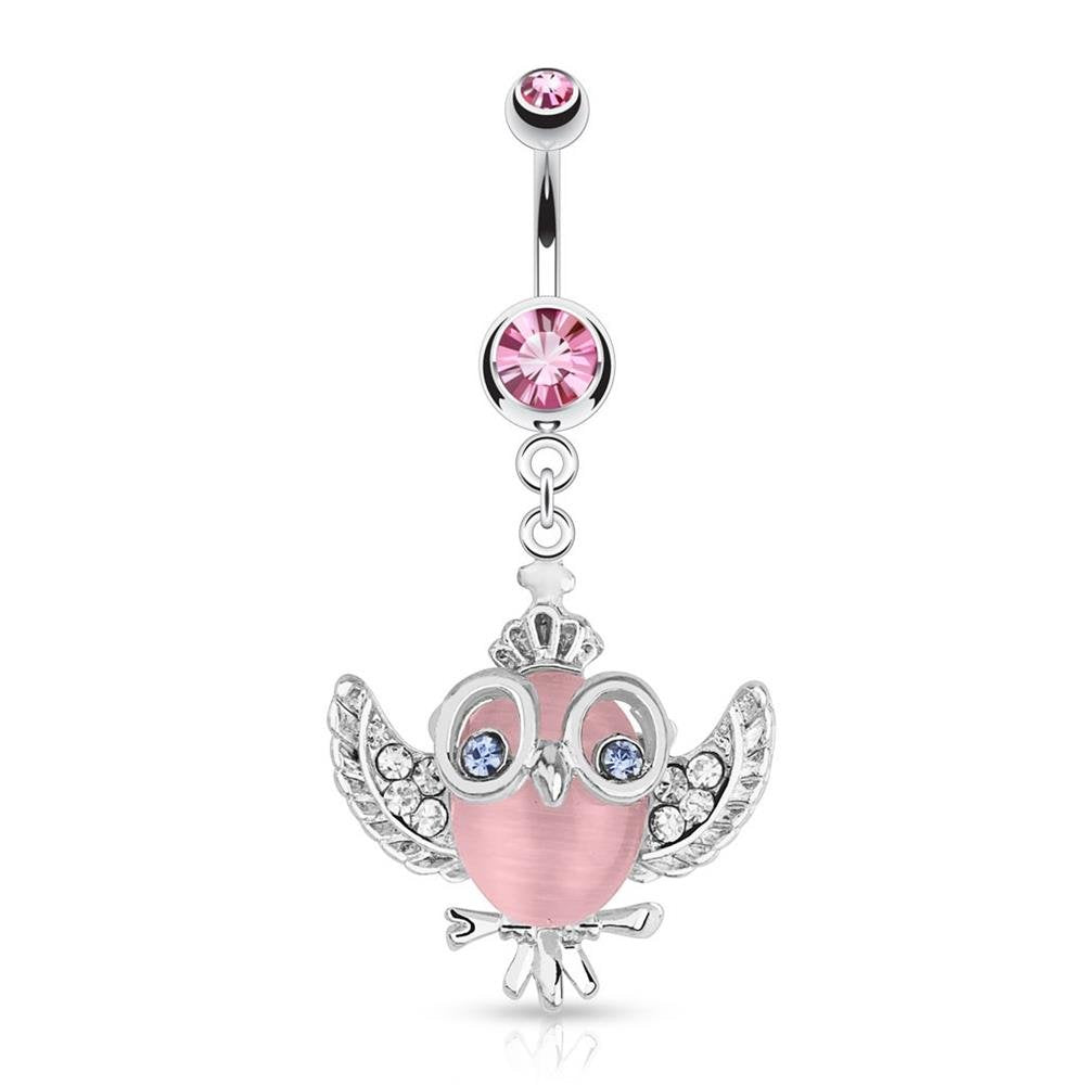 Bauchnabelpiercing aus Edelstahl Chirurgenstahl 316L mit Anhänger Eule mit Katzenaugen und Zirkonia farblos pink