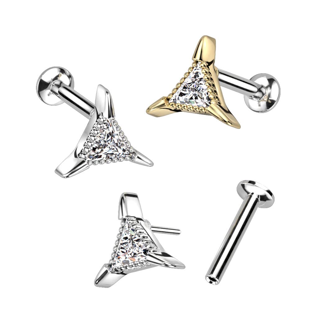 Push-In Labret Piercing Triangle Zirkonia Klar Chirurgenstahl 316L 0,8mm 1mm 1,2mm Stabstärke Madonna Medusa Ohrstecker Labret Stud