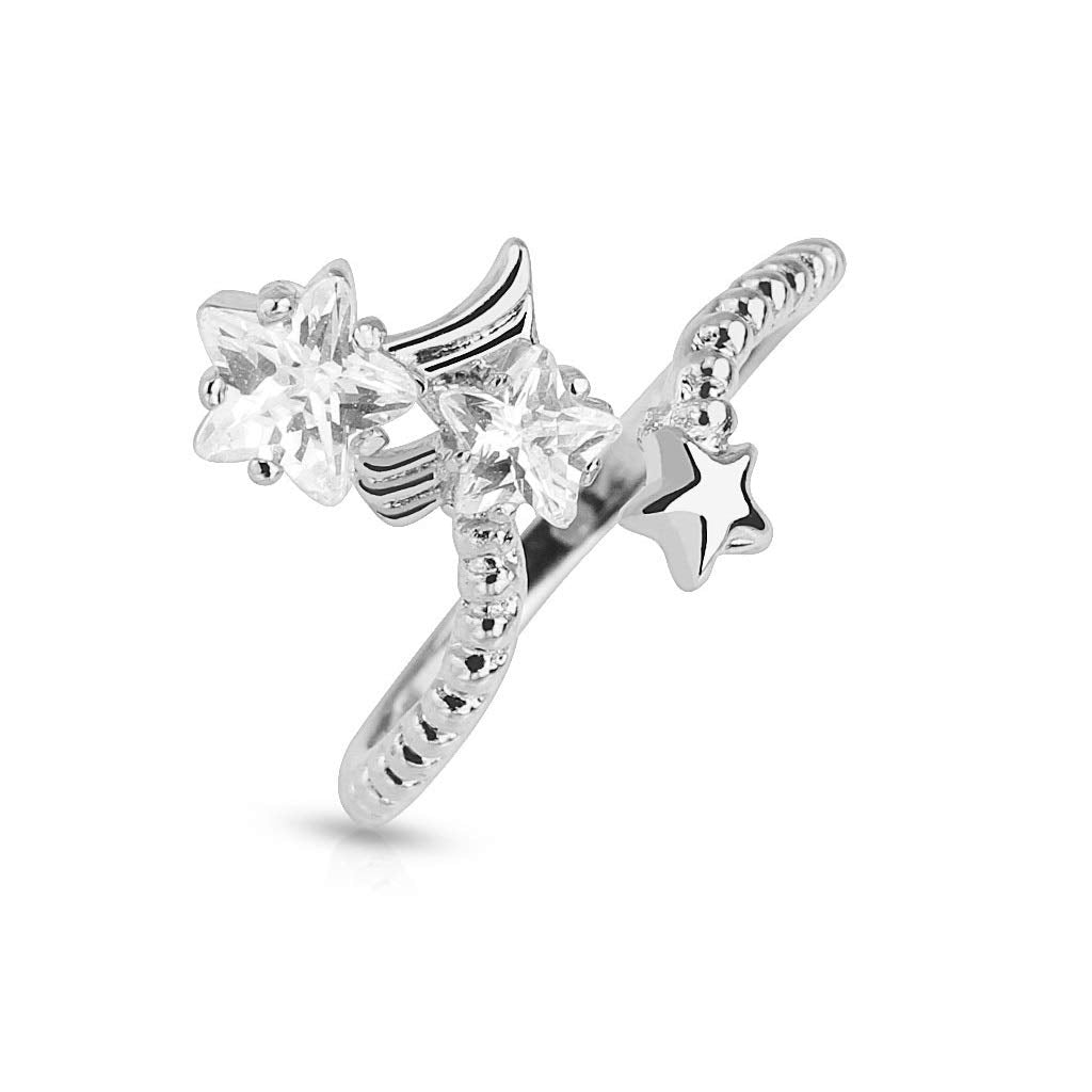 Ring Damen Verstellbar Sternenregen Zirkonia Klar Silber 316L Chirurgenstahl Zehenring Mittelring Partnerring Offen Einstellbarer-Ring