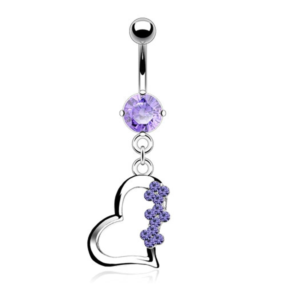 Bauchnabelpiercing aus Edelstahl Chirurgenstahl 316L überzogen mit Rhodium mit Anhänger liegendes Herz mit 3 Blumen aus Zirkonia Farblos. Pink. Blau-Violett