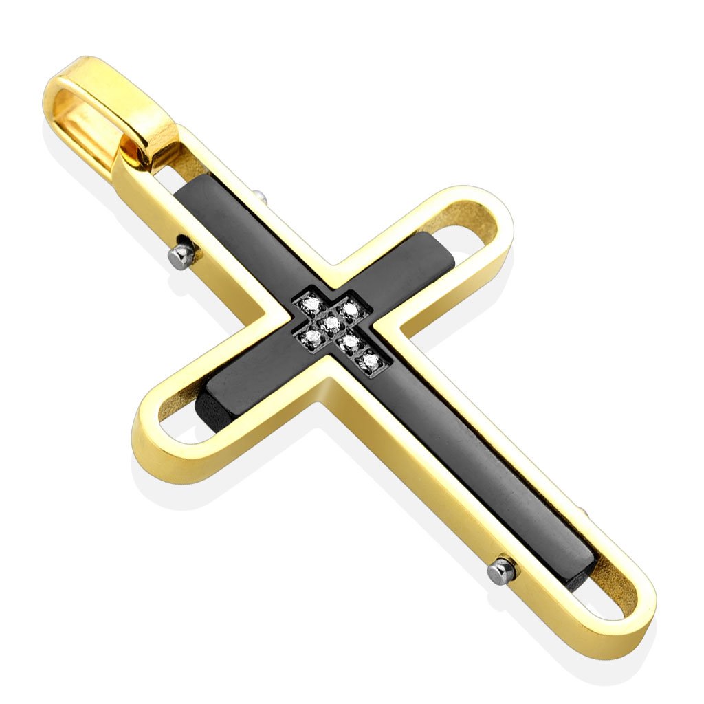 Kettenanh?nger doppeltes Kreuz Zirkonia Klar 316L Chirurgenstahl Gold-Schwarz 50 x 30mm Halsketten Pendant Herren-Kettenanh?nger