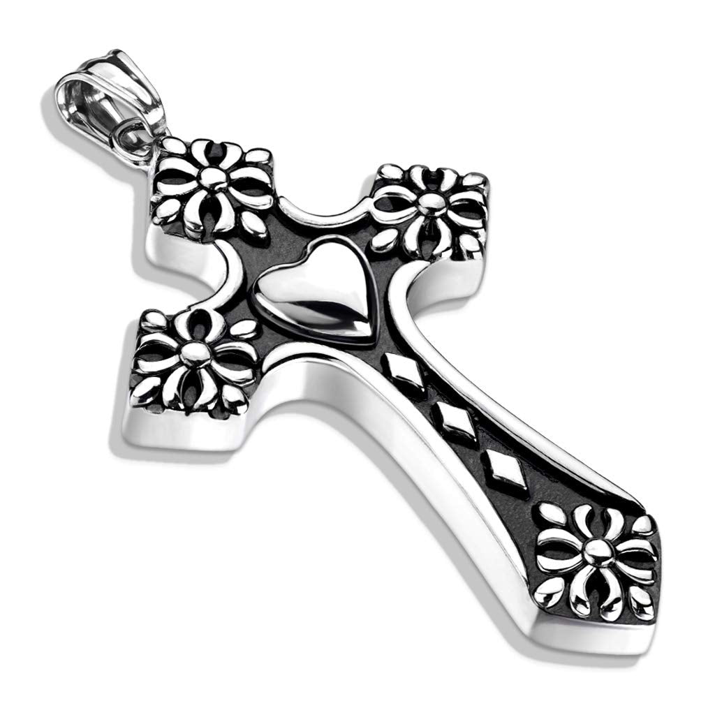 Kettenanhänger Kreuz Herz 316L Chirurgenstahl Silber-Schwarz Halskettenanhänger Pendant Damenkettenanhänger Herrenettenanhänger