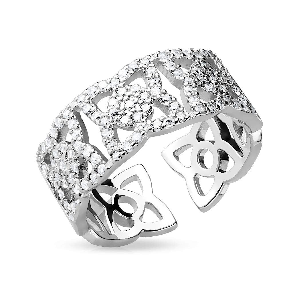 Ring Damen Verstellbar Blumen Zirkonia Klar Silber 316L Chirurgenstahl Zehenring Mittelring Partner Freundschaftsring Einstellbarer-Ring