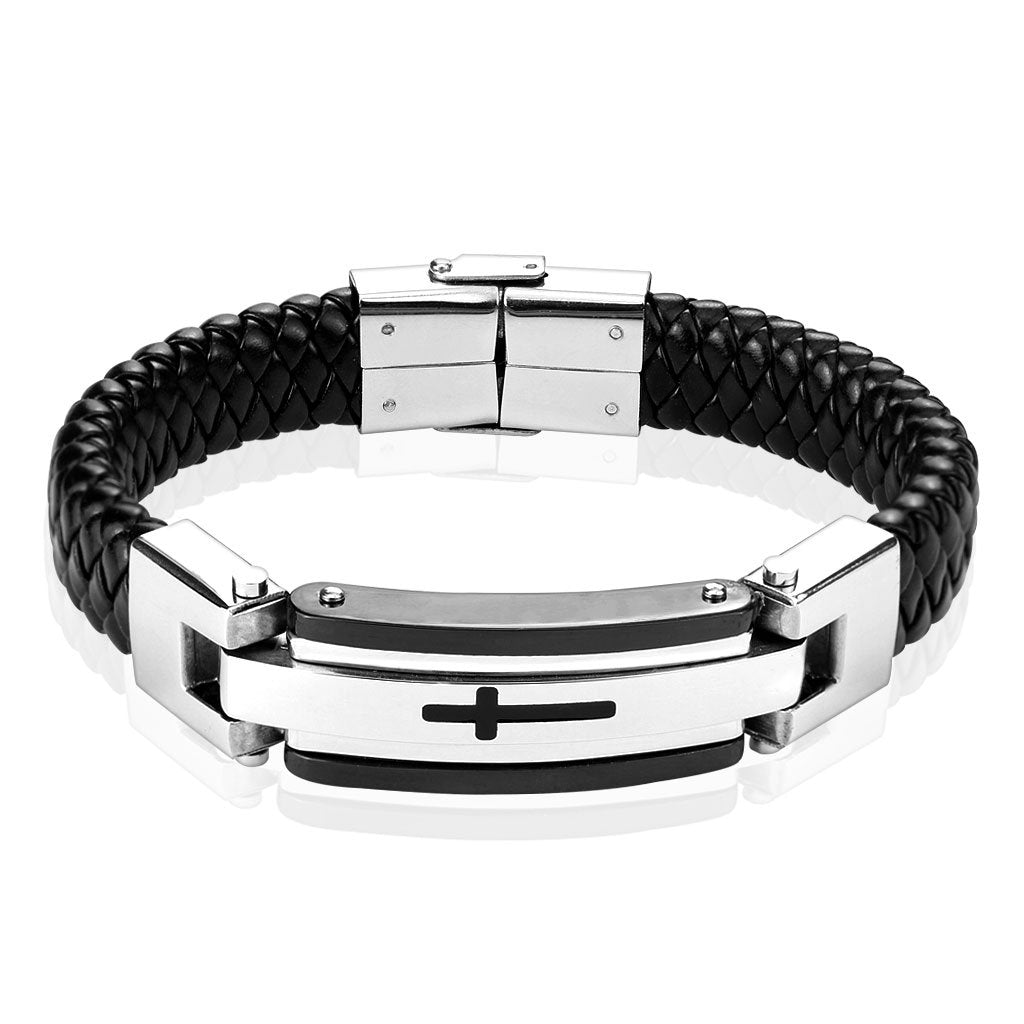 Armband Herren KunstLeder Schwarz Kreuz Silber Breit Edelstahl Männer Damenarmband Armschmuck Geflochten