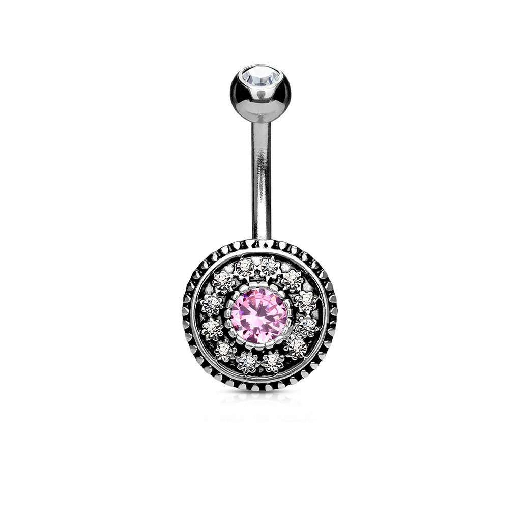 Bauchnabelpiercing Bananabell Bauch-Piercing Edelstahl Chirurgenstahl 316L altsilbern runder Vintage Schild mit Zirkonia Farben Aqua, Regenbogen, pink