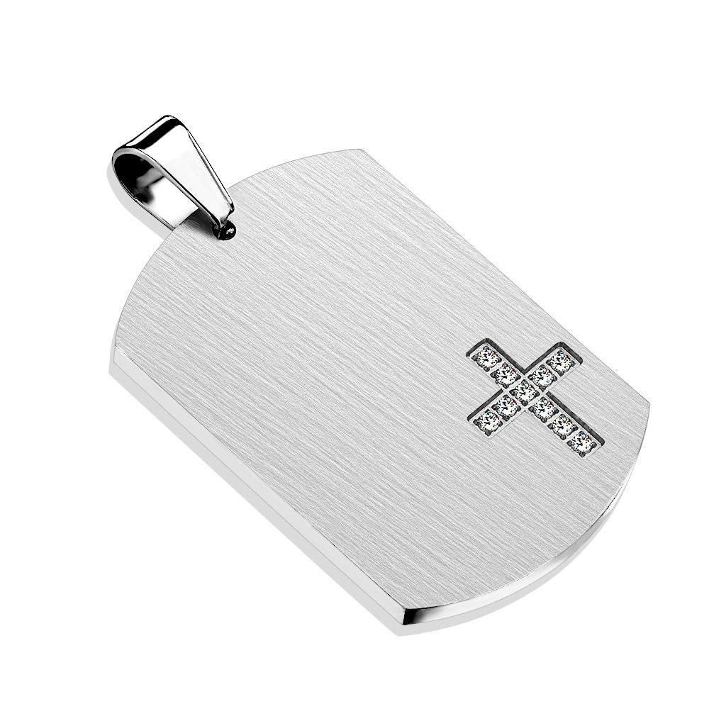 Kettenanhänger Dog Tag Kreuz Zirkonia Klar 316L Chirurgenstahl Silber HalsKettenanhänger Pendant HerrenKettenanhänger