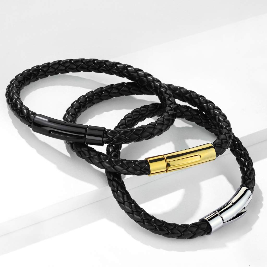 Kordelarmband Leder schwarz geflochten Verschluss Edelstahl Silber, schwarz, gelbgold Pärchenarmband Freundschaftsarmband Wickelarmband Länge 190mm - 216mm