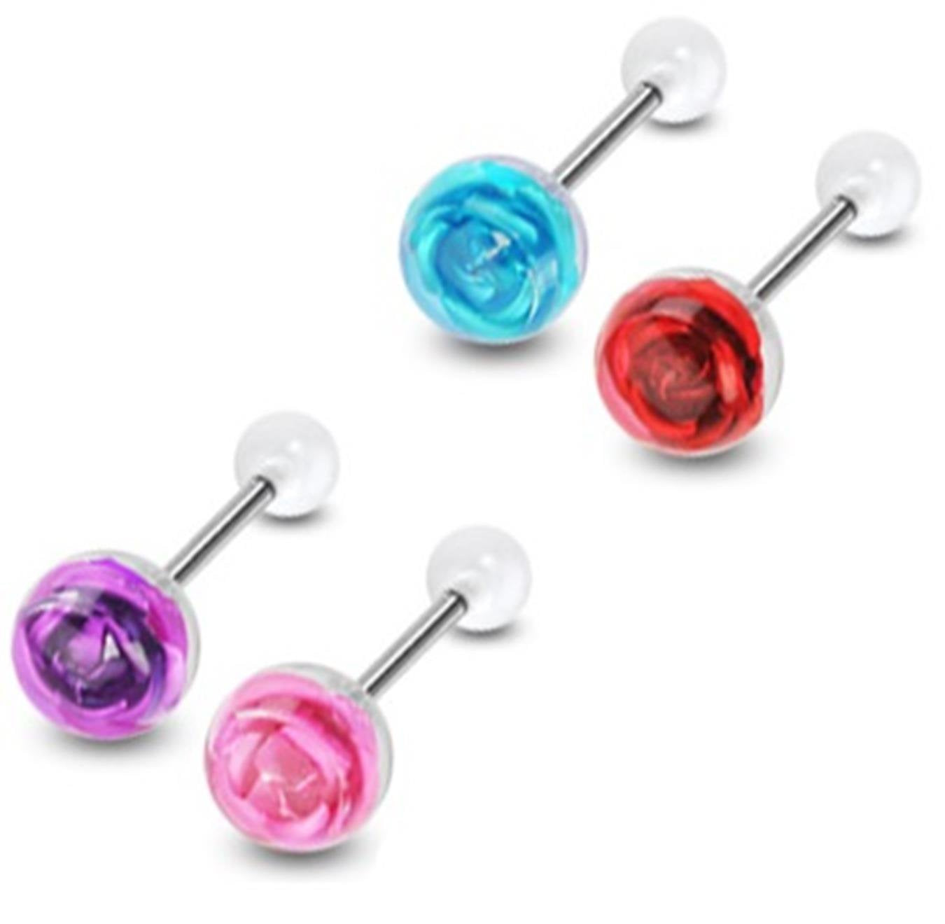 Paula & Fritz® ZungenPiercing Barbell 16mm lang Chirurgenstahl Ball mit Rose