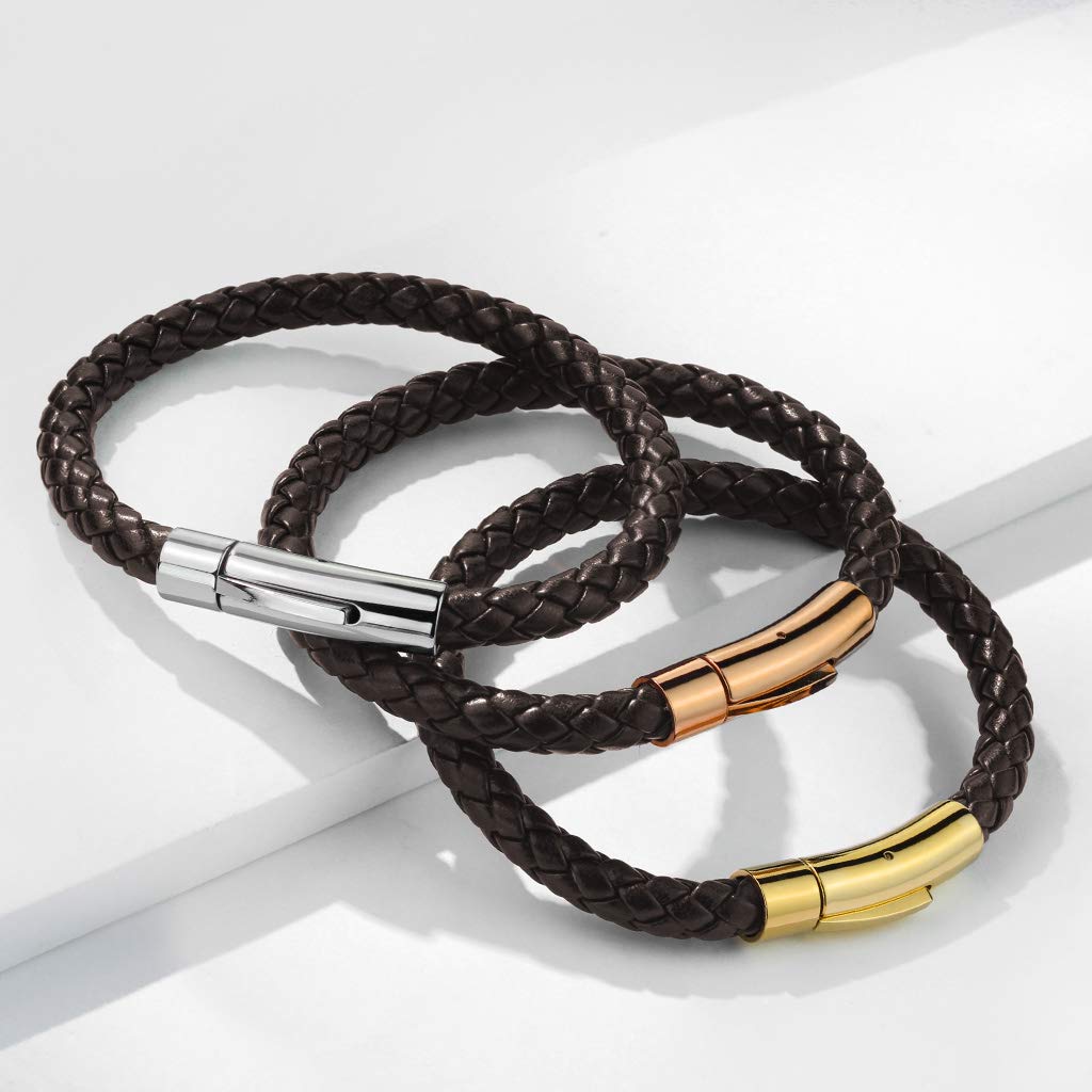 Kordelarmband Leder braun geflochten Verschluss Edelstahl Silber, roségold, gelbgold Pärchenarmband Freundschaftsarmband Wickelarmband Länge 190mm - 216mm