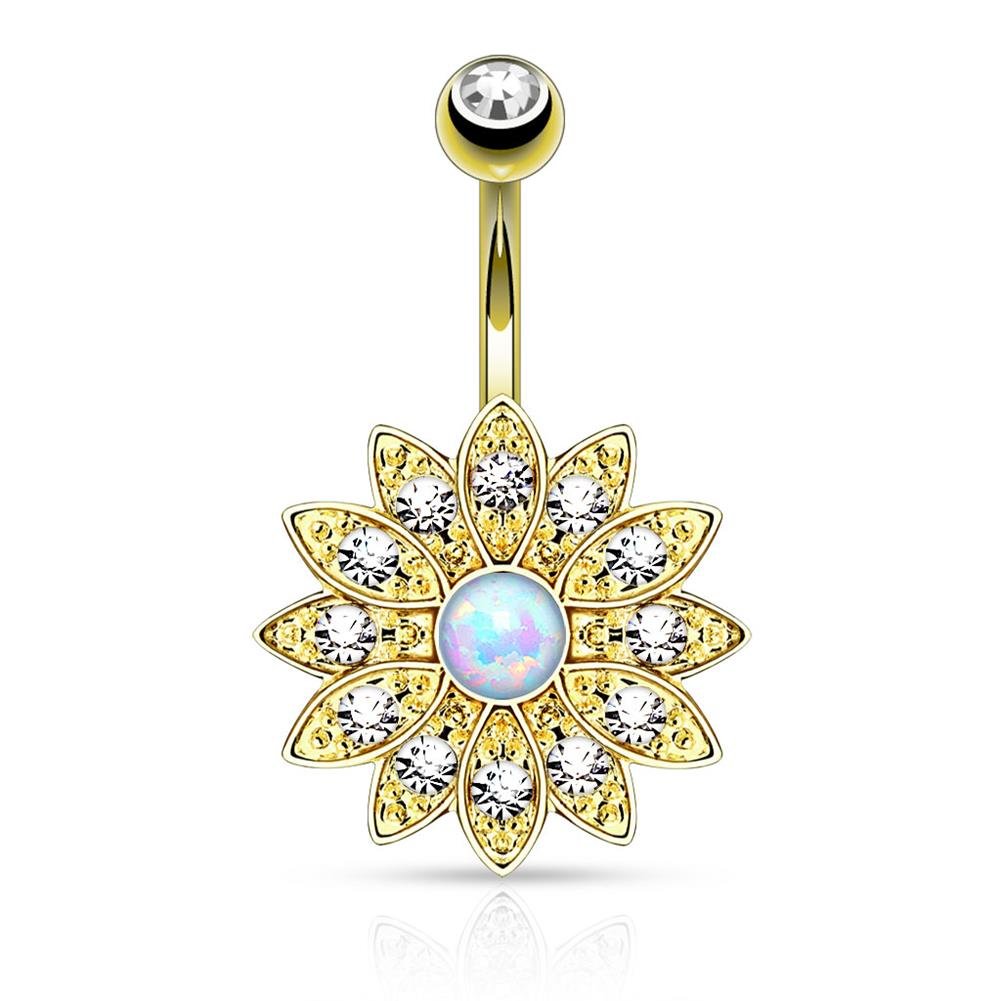 Bauchnabelpiercing aus Edelstahl Chirurgenstahl 316L silbern. vergoldet. rosévergoldet Blume besetzt mit Zirkonia farblos. Aurora