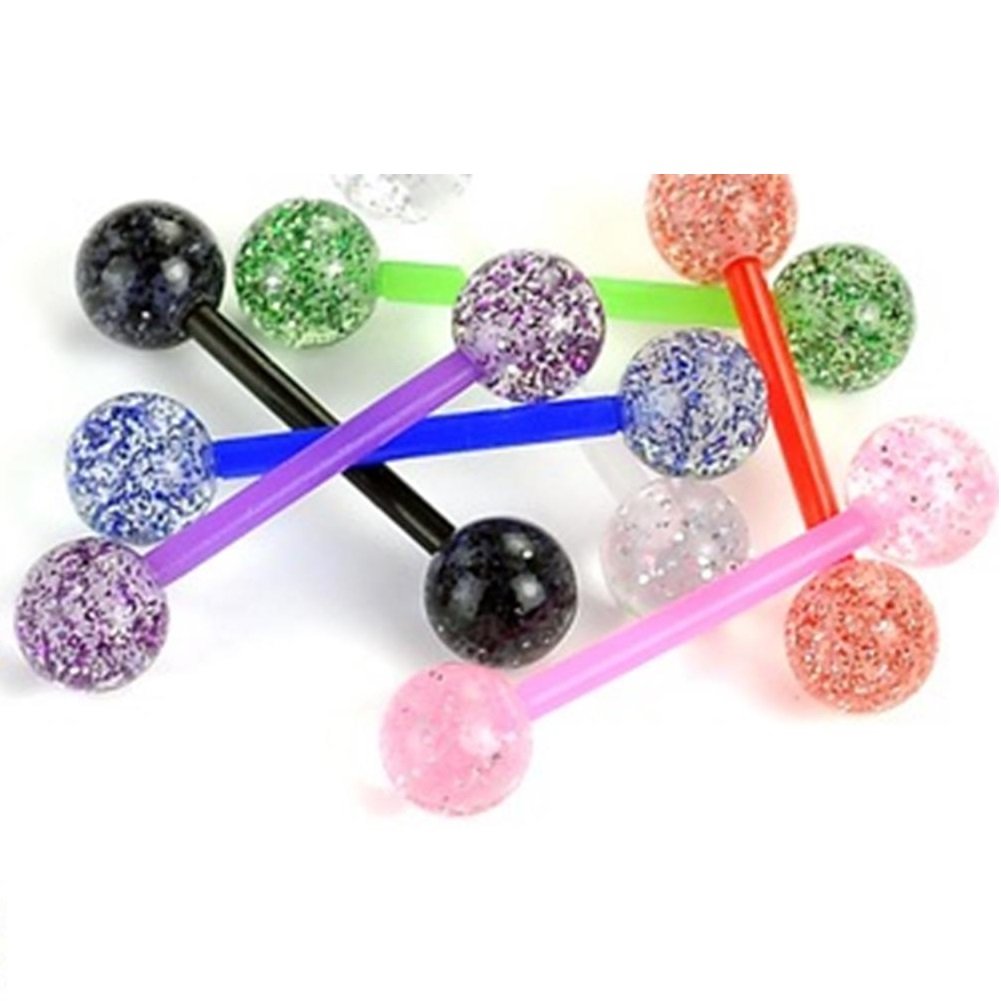 Zungenpiercing GlitzerKugeln Bioflex Acryl Kunststoff 16mm Stablänge 1.6 mm StabDicke viele Farben Set Barbell Kugeln PTFE