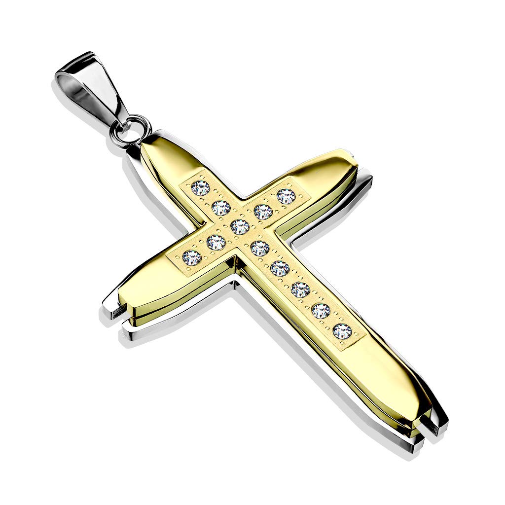 Kettenanhänger Doppeltes Kreuz Zirkonia Klar 316L Chirurgenstahl GoldSilber HalsKettenanhänger Pendant HerrenKettenanhänger