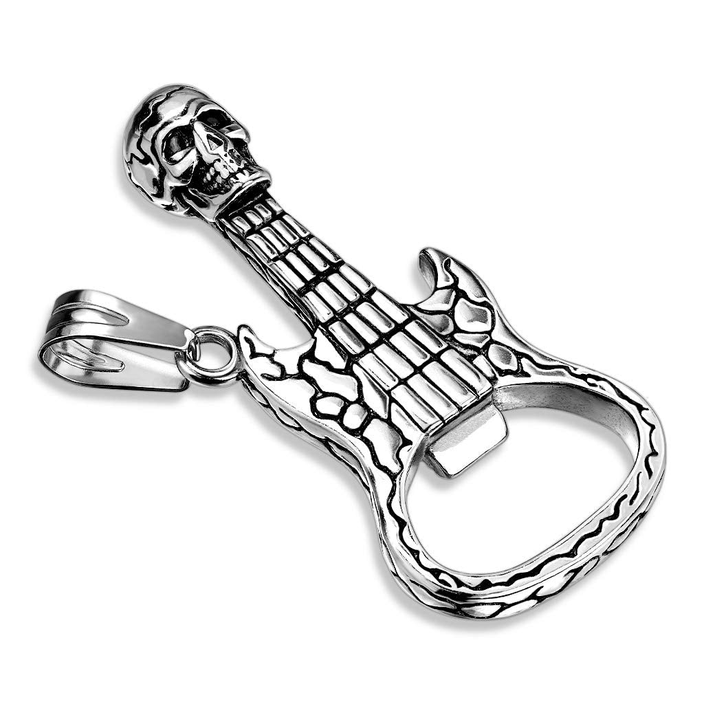 Kettenanhänger Totenkopf E-Gitarre Flaschenöffner 316L Chirurgenstahl Silber Halskettenanhänger Pendant Musik Frauen Männer