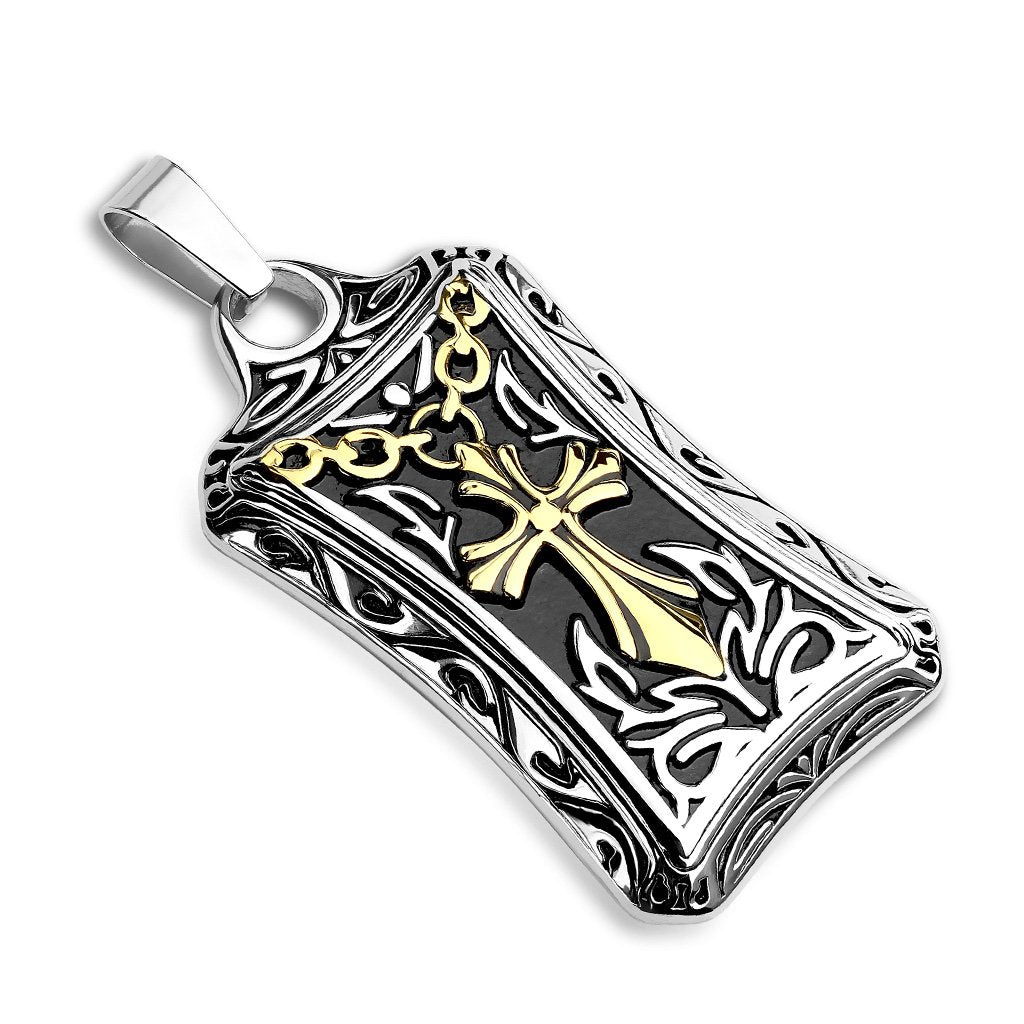 Paula & Fritz? Herren Ketten-Anh?nger Medaillon Kreuz 316L Chirurgenstahl Schwarz-Silber Gold 58 x 26-mm Halsketten Pendant Damenkettenanh?nger Herrenketten