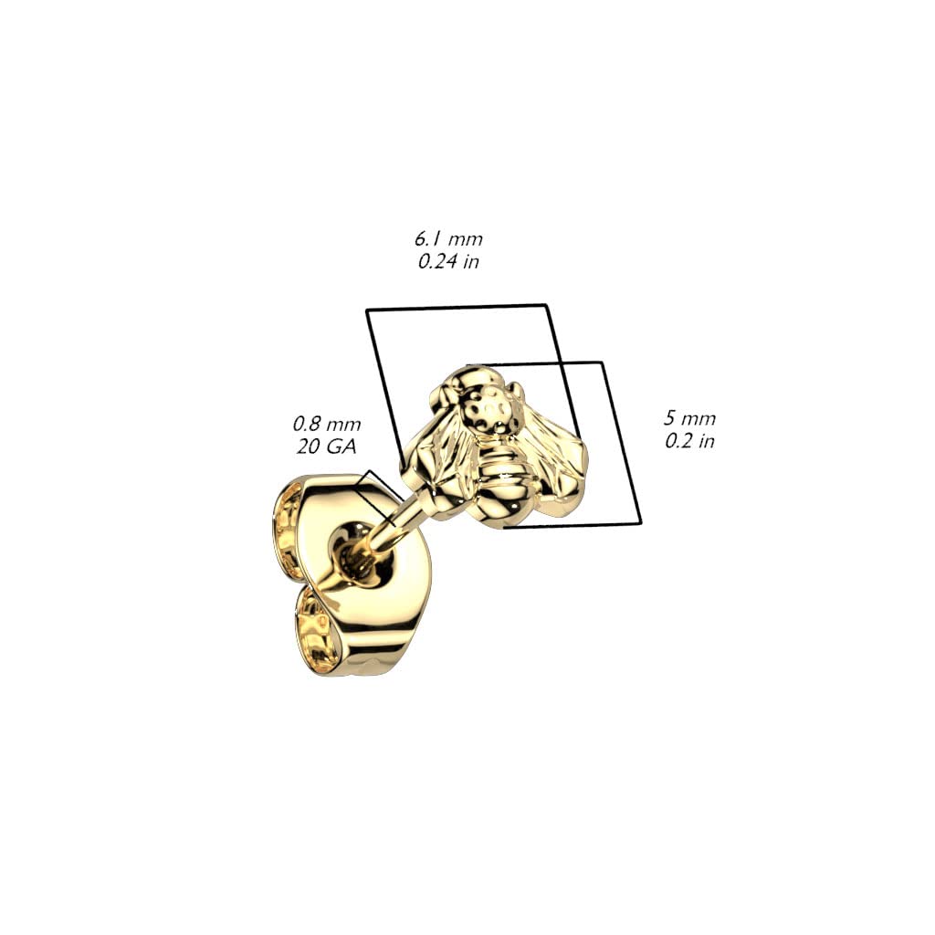 Push-In Ohrstecker Biene Silber Gold Titan Grade 23 0,8mm Butterflyverschluss Gewindelos Kombinierbar Threadless Press-Fit