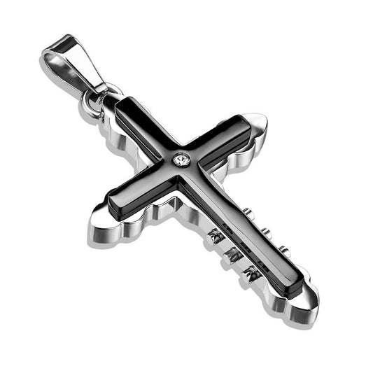 Kettenanhänger Doppeltes Kreuz Zirkonia 316L Chirurgenstahl SilberSchwarz HalsKettenanhänger Pendant HerrenKettenanhänger
