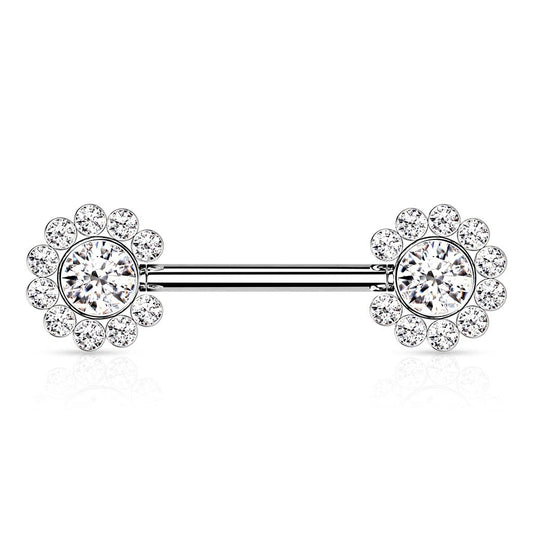 Paula & Fritz® Push-In Piercing Brustwarze Blume Mehrfarbig Zirkonia Chirurgenstahl 316L Kugel 1,6-mm Stab-Dicke Nipple Gewindelos Straight Barbell