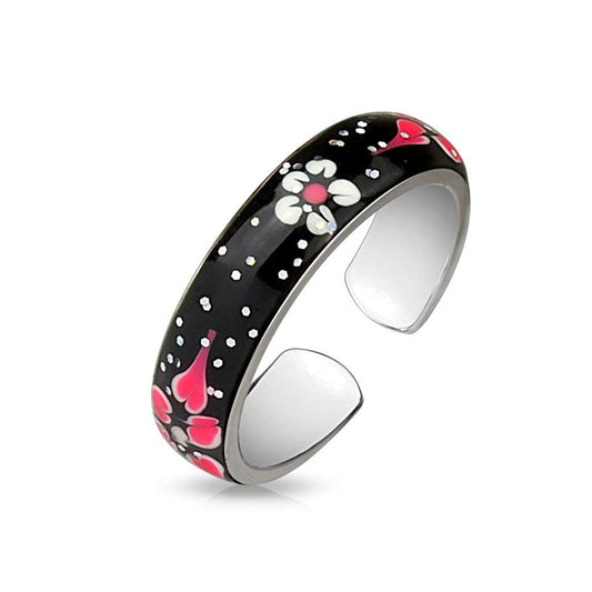 Ring Damen Verstellbar gemalte Blumen Pink Silber-Schwarz 316L Chirurgenstahl Zehenring Mittelring Freundschaftsring Einstellbarer-Ring