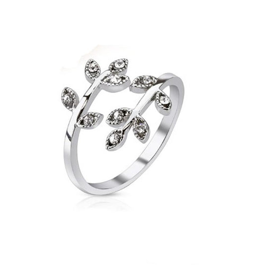 Paula & Fritz® Verstellbarer Damen-Ring Verlobungs-Ring Freundschaftsring Herrenring Partnerring Edelstahl Chirurgenstahl 316L Blättern Zirkonia Farblos Schwarz