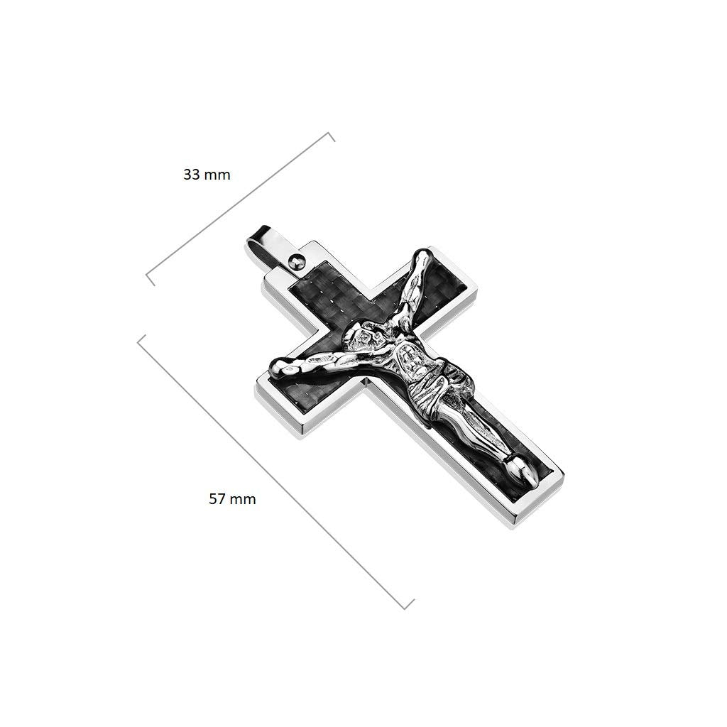 Kettenanhänger Kreuz Carbonfaser-Inlay Jesus 316L Chirurgenstahl Schwarz Silber Halskettenanhänger Pendant Damenkettenanhänger