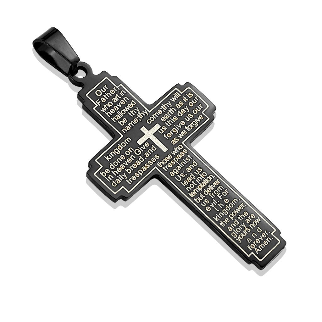 Kettenanhänger Kreuz Das Vater Unser in Englisch 316L Chirurgenstahl Silber Schwarz Halskettennhänger Pendant Damenkettenanhänger