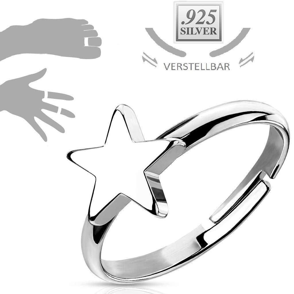 Ring Damen Verstellbar Stern 925 Silber ?berzug 316L Chirurgenstahl Zehenring Mittelring Partnerring Offen Einstellbarer-Ring