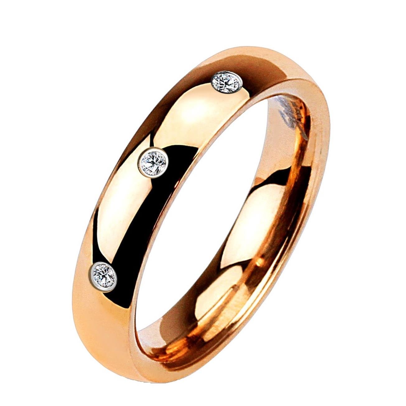 Klassischer Dom Ring aus Chirugenstahl Edelstahl 316L Silber, schwarz, rosévergoldet mit DREI Zirkonia verfügbare Ringgrößen 47 (15) - 66 (21)