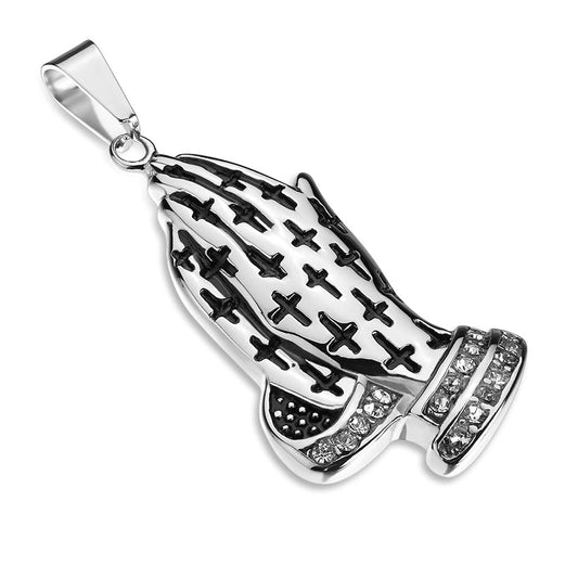 Kettenanhänger Betende Hände Zirkonia Klar 316L Chirurgenstahl Silber Halskettenanhänger Pendant Herrenettenanhänger Religion