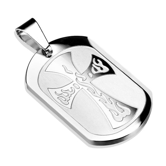Kettenanhänger gebürsteter Dog Tag Kreuz Flammen 316L Chirurgenstahl Silber HalsKettenanhänger Pendant HerrenKettenanhänger