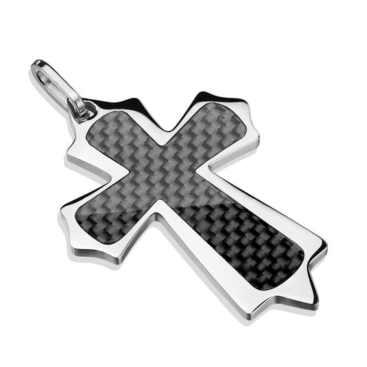 Kettenanhänger Kreuz CarbonfaserInlay 316L Chirurgenstahl SilberSchwarz HalsKettenanhänger Pendant HerrenKettenanhänger